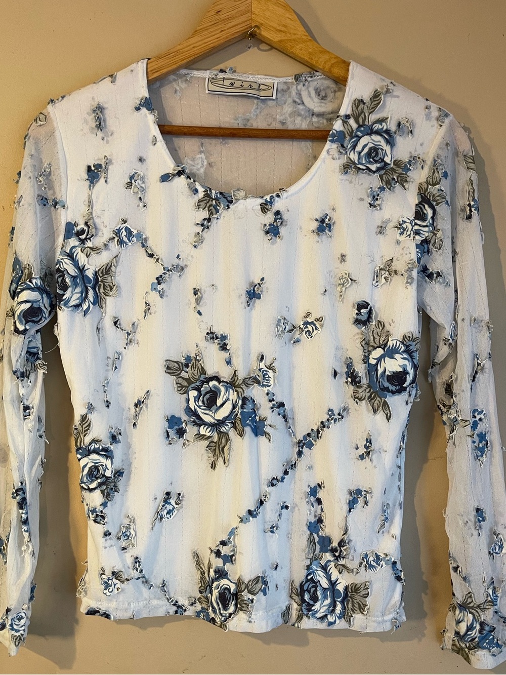 Twirl Blue White Floral Applique Mesh Sheer Sleeve Lined Long Sleeve Top M